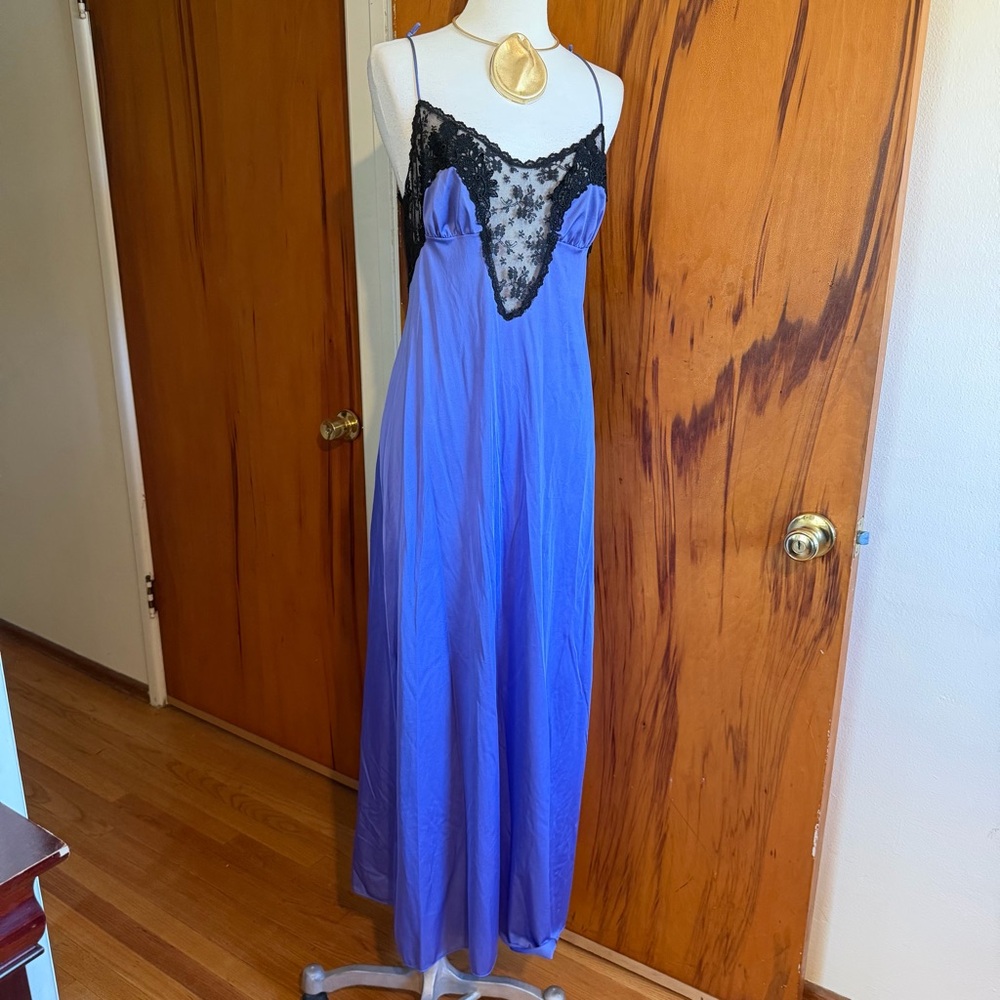 Lace Trim Long Slip Nightgown in Periwinkle Blue